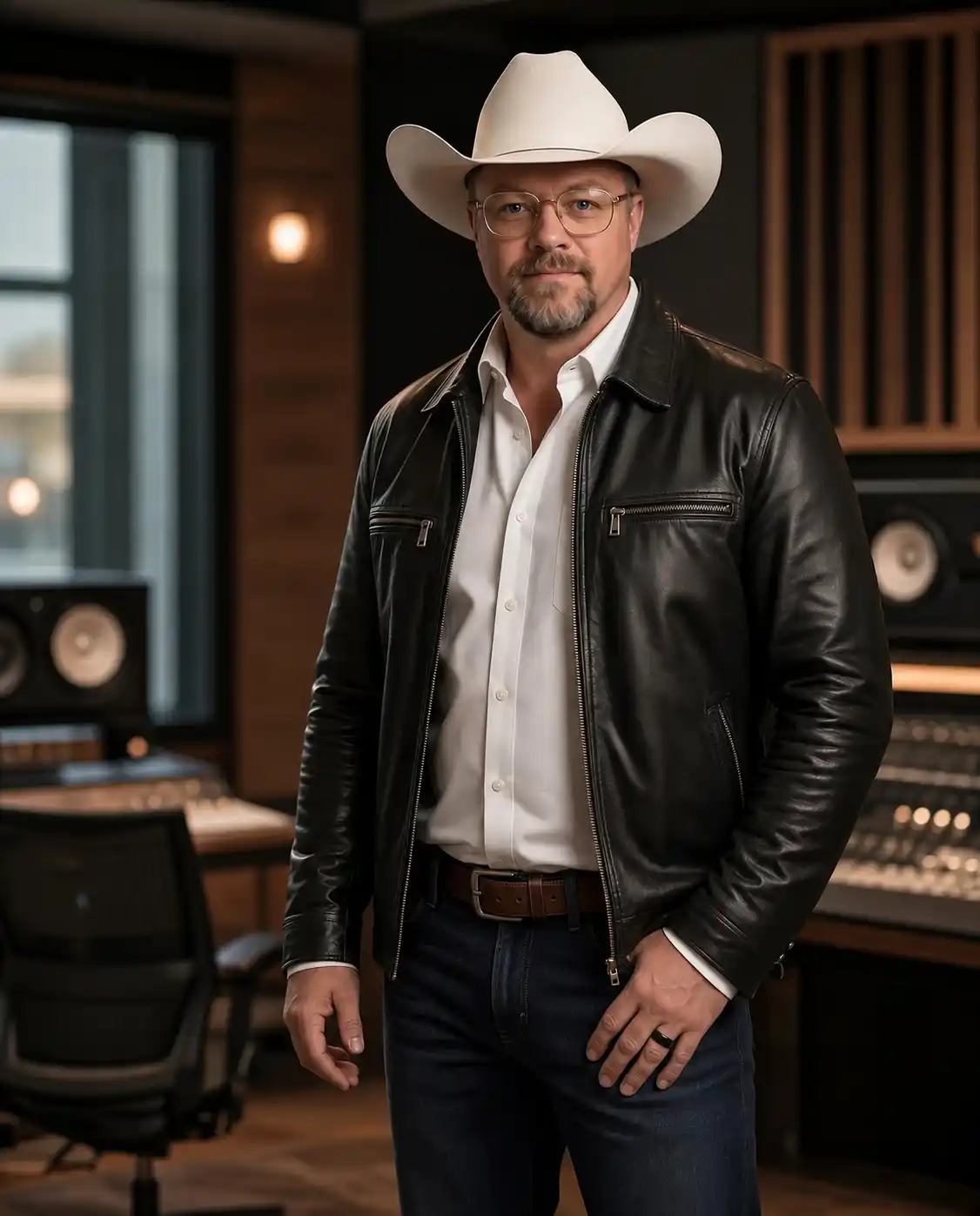 Chad Sanders studio portrait, white cowboy hat and leather jacket